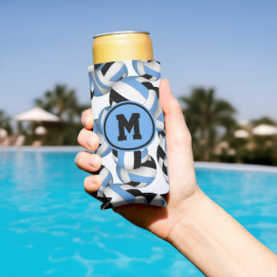 Lt blue black volleyballs pattern player monogram seltzer can cooler