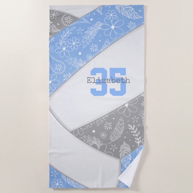 lt blue grey boho floral doodles volleyball beach towel (Front)