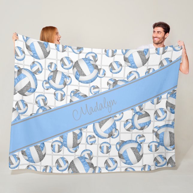 Lt blue grey girly volleyballs pattern net accent fleece blanket (In Situ)