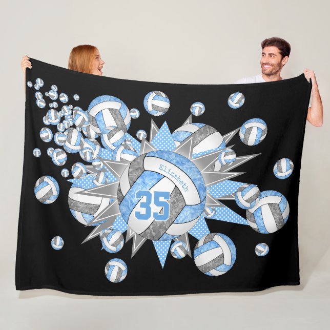 Lt blue grey sports stars girls volleyball room fleece blanket (In Situ)