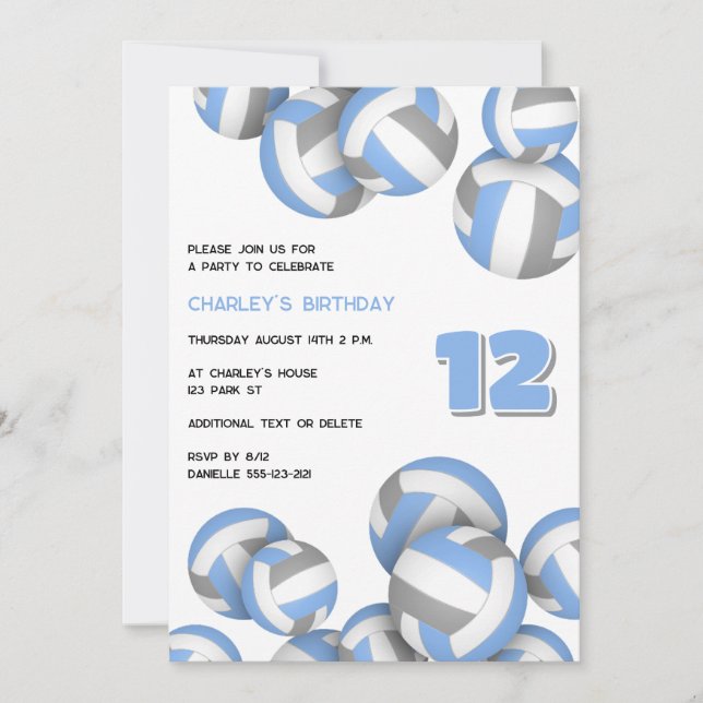 lt blue grey volleyballs birthday or team party invitation (Front)