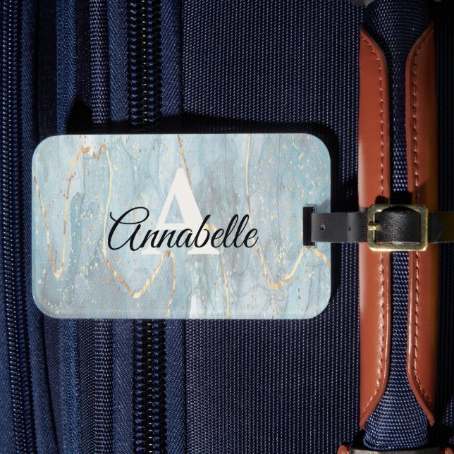 Lt. Blue Marble with Gold Monogrammed Luggage Tag (Front Insitu 4)