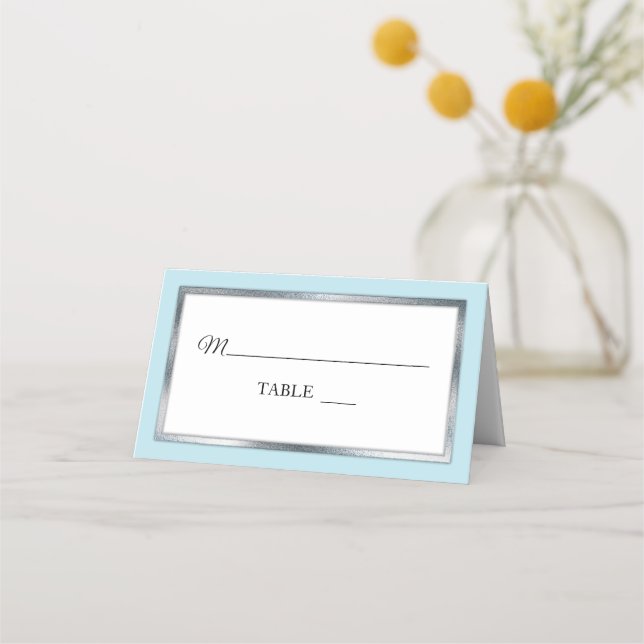 Lt Blue | Silver |White Simple Elegant Place Cards (Front)