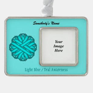 Lt Blue/Teal Flower Ribbon Tmpl (H-O) by K Yoncich Silver Plated Framed Ornament