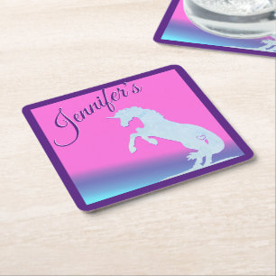 Lt. Blue Unicorn Silhouette (rainbow) Square Paper Coaster
