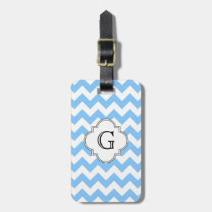 Lt Blue Wht Chevron Zigzag Wht Quatrefoil Monogram Luggage Tag