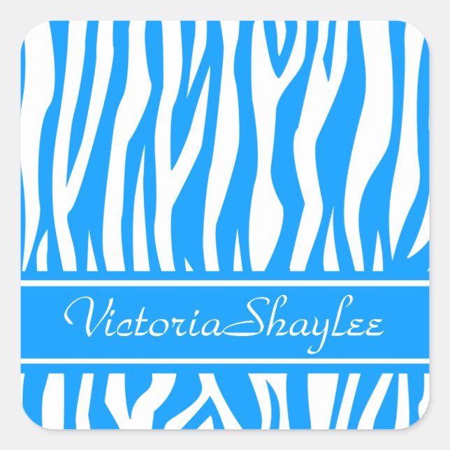 Lt Blue Zebra Print with custom text Square Sticker (Front)