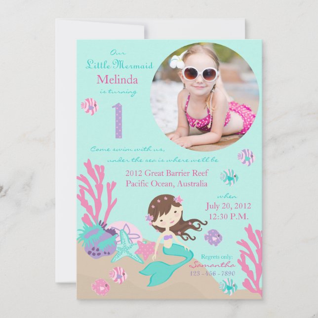 Lt. Brunette Mermaid First Birthday Invitation (Front)
