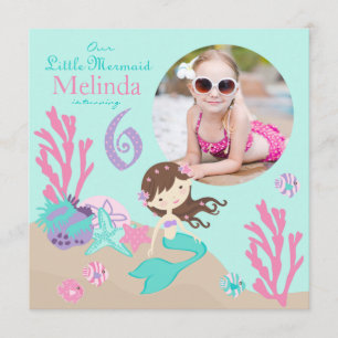 Lt. Brunette Mermaid Sixth Birthday Invitation