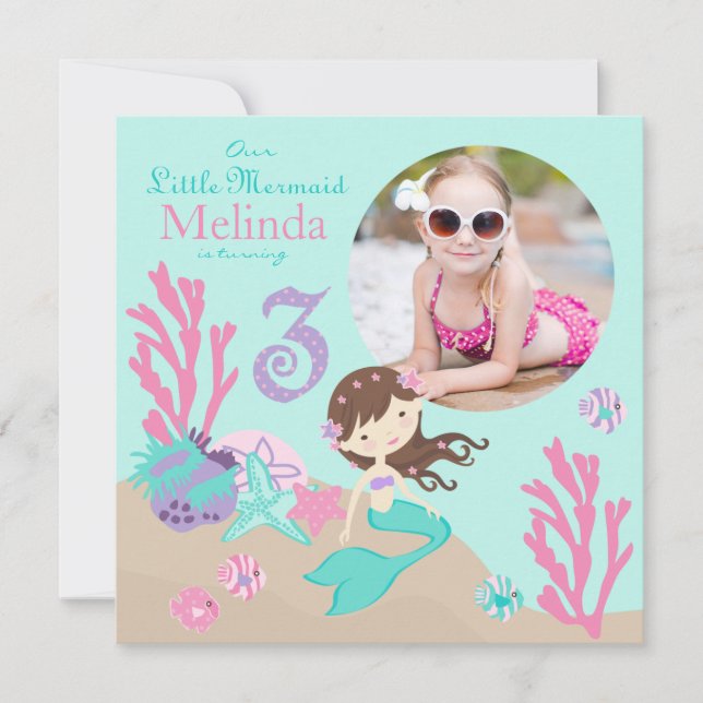 Lt. Brunette Mermaid Third Birthday Invitation (Front)