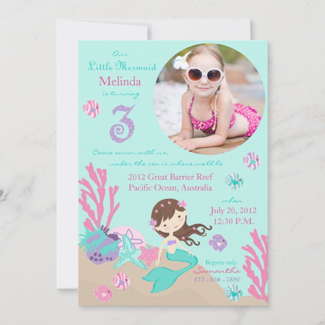 Lt. Bruntte Mermaid Third Birthday Invitation (Front)