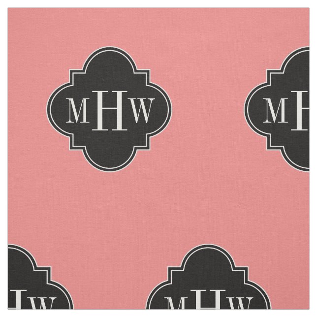 Lt Coral Solid Colour Black Quatrefoil Monogram Fabric (Swatch)