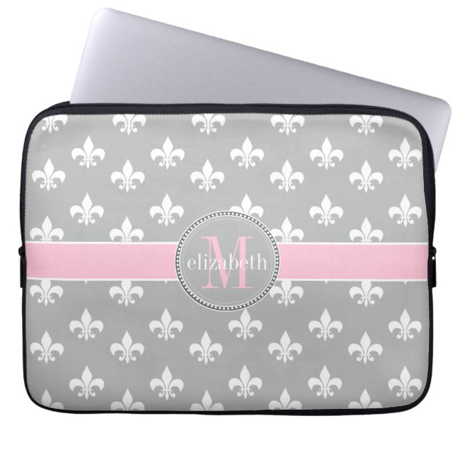 Lt Gray Pink White Fleur de Lis Monogram Laptop Sleeve (Front)