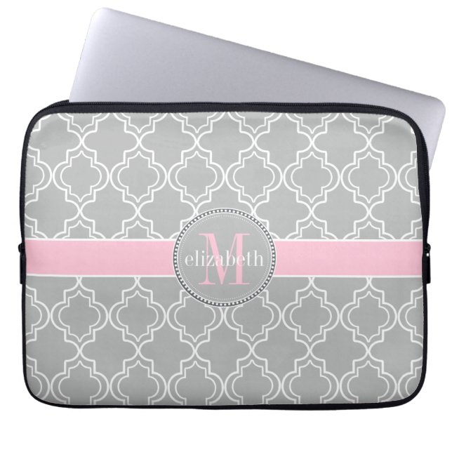 Lt Gray Pink White Moroccan Quatrefoil Monogram Laptop Sleeve (Front)