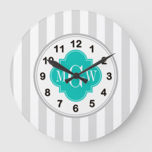 Lt Gray White Stripe Teal Quatrefoil 3 Monogram Large Clock
