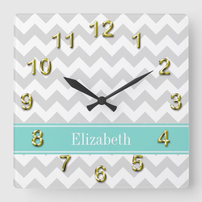 Lt Gray Wht Chevron Aqua Turquoise Name Monogram Square Wall Clock (Front)