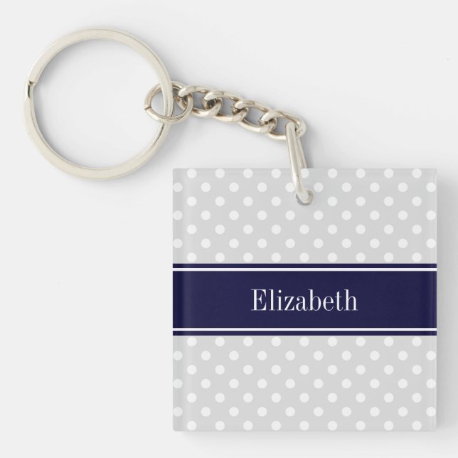Lt Grey and White Polka Dots Navy Name Monogram Key Ring (Front)