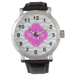 Lt Grey Chevron Hot Pink Quatrefoil 3 Monogram Tn Watch