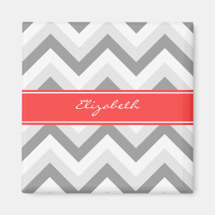 Lt Grey Med Grey White Chevron Coral Name Monogram Magnet