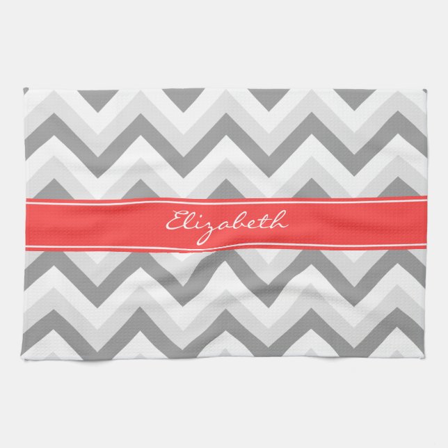 Lt Grey Med Grey White Chevron Coral Name Monogram Tea Towel (Horizontal)