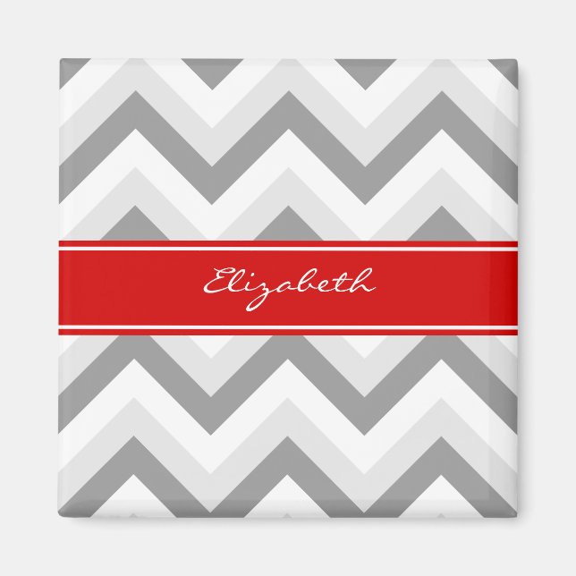 Lt Grey Med Grey White Chevron Red Name Monogram Magnet (Front)