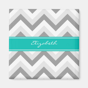 Lt Grey Med Grey White Chevron Teal Name Monogram Magnet