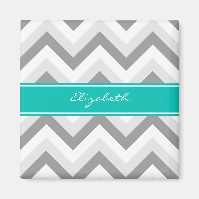 Lt Grey Med Grey White Chevron Teal Name Monogram Magnet (Front)