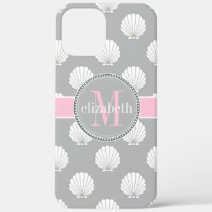 Lt Grey Pink Clamshells Seashells Monogram iPhone 12 Pro Max Case