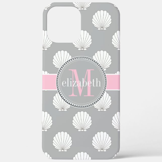 Lt Grey | Pink Clamshells Seashells Monogram Case-Mate iPhone Case (Back)