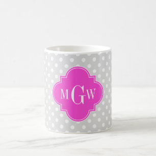 Lt Grey Polka Dot Hot Pink Quatrefoil 3 Monogram Coffee Mug