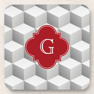 Lt Grey White 3D Look Cubes Cranberry Monogram Coaster