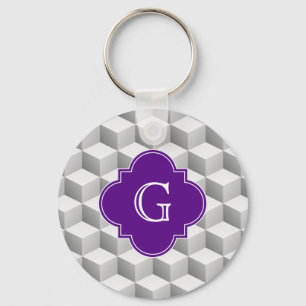 Lt Grey White 3D Look Cubes Purple Monogram Key Ring