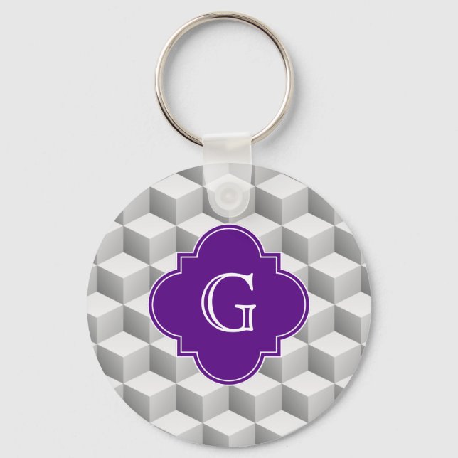 Lt Grey White 3D Look Cubes Purple Monogram Key Ring (Front)