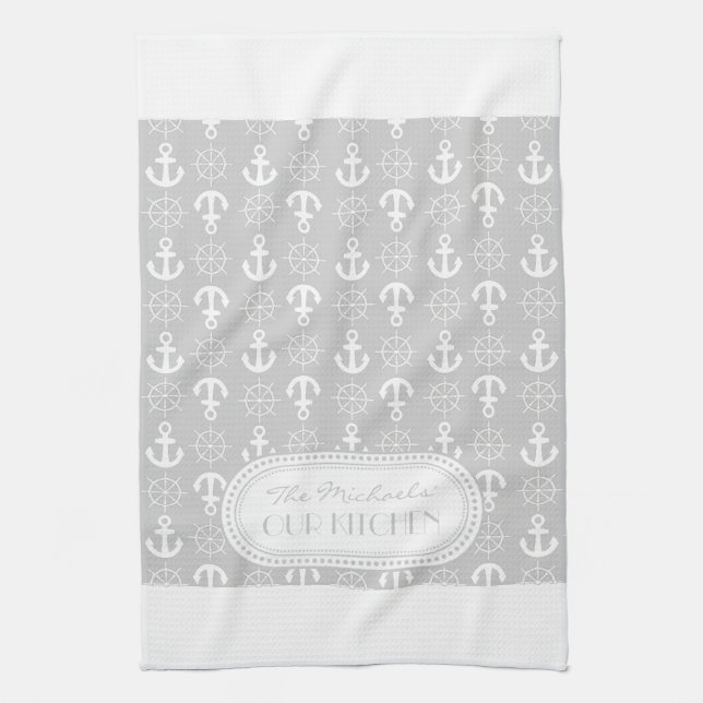 Lt Grey | White Anchors Wheels Nautical Monogram Tea Towel (Vertical)