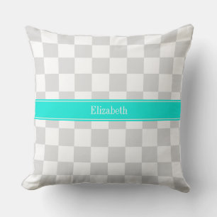 Lt Grey White Chequered Aqua Ribbon Monogram Cushion