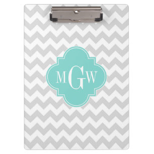 Lt Grey White Chevron Aqua Quatrefoil 3 Monogram Clipboard