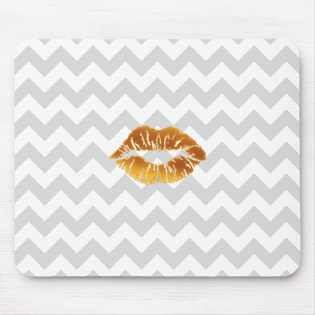 Lt Grey White Chevron, Gold Lipstick Kiss Mouse Mat (Front)
