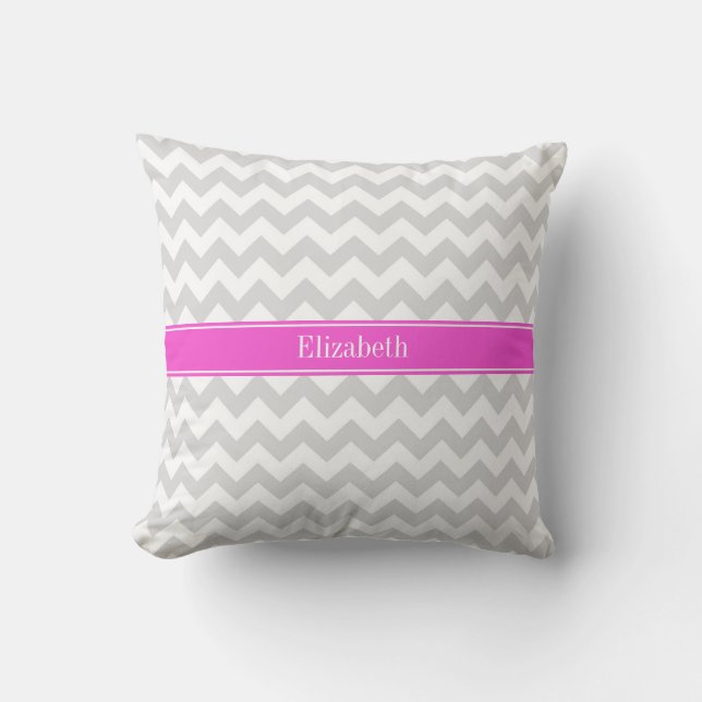 Lt Grey White Chevron Hot Pink Name Monogram Cushion (Front)