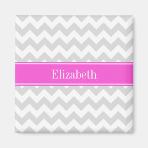Lt Grey White Chevron Hot Pink Name Monogram Magnet