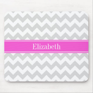 Lt Grey White Chevron Hot Pink Name Monogram Mouse Mat