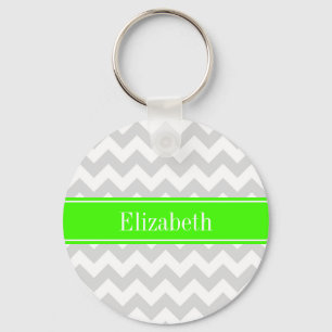 Lt Grey White Chevron Lime Green Name Monogram Key Ring