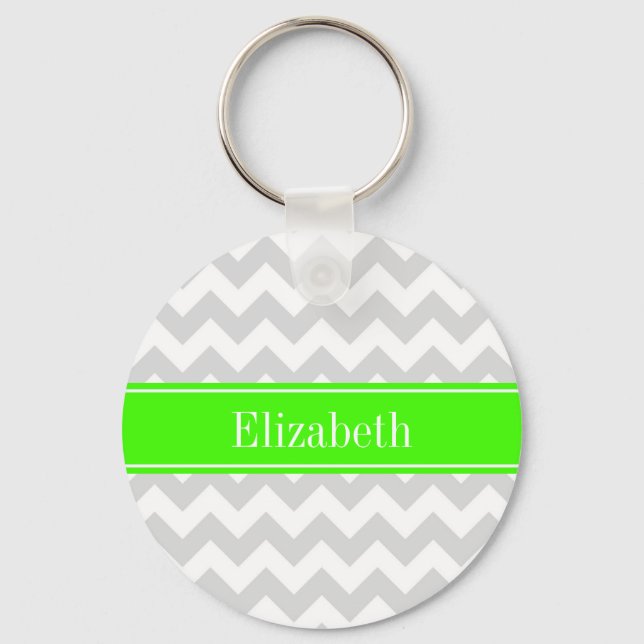 Lt Grey White Chevron Lime Green Name Monogram Key Ring (Front)