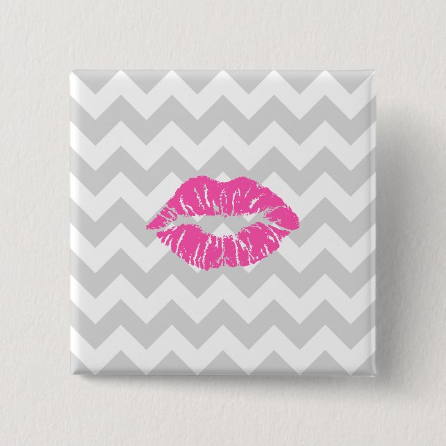 Lt Grey White Chevron, Pink Lipstick Kiss 15 Cm Square Badge (Front)