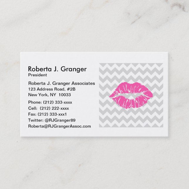 Lt Grey White Chevron, Pink Lipstick Kiss Business Card (Front)