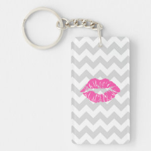 Lt Grey White Chevron, Pink Lipstick Kiss Key Ring