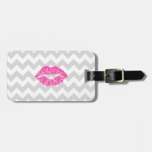 Lt Grey White Chevron, Pink Lipstick Kiss Luggage Tag