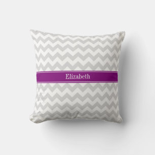 Lt Grey White Chevron Purple Name Monogram Cushion
