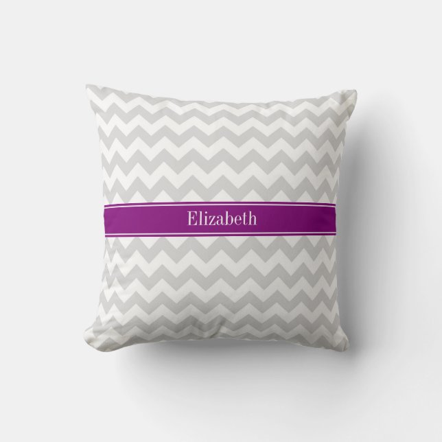 Lt Grey White Chevron Purple Name Monogram Cushion (Front)