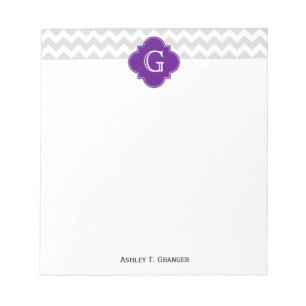 Lt Grey White Chevron Purple Quatrefoil Monogram Notepad