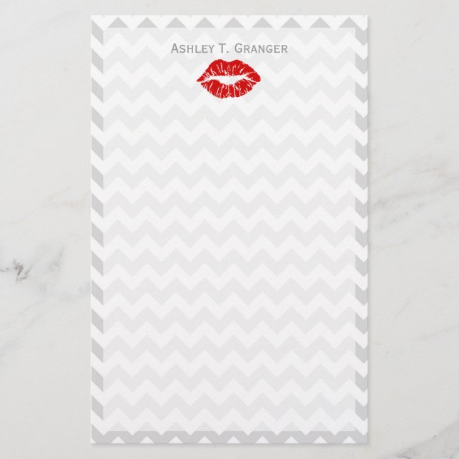 Lt Grey White Chevron, Red Lipstick Kiss Stationery (Front)